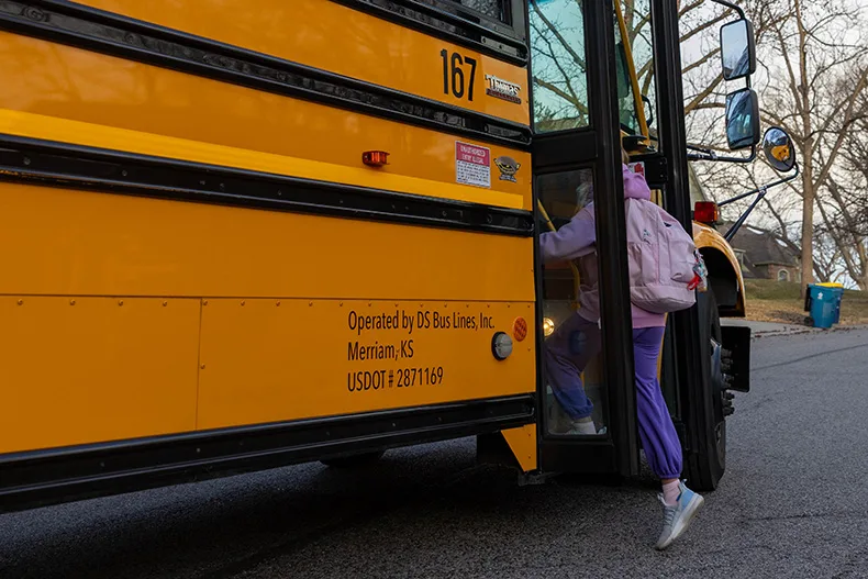 Rising Star Elementary School fourth-grade Ruby Bosch boards her morning bus on Thursday, Feb. 19.