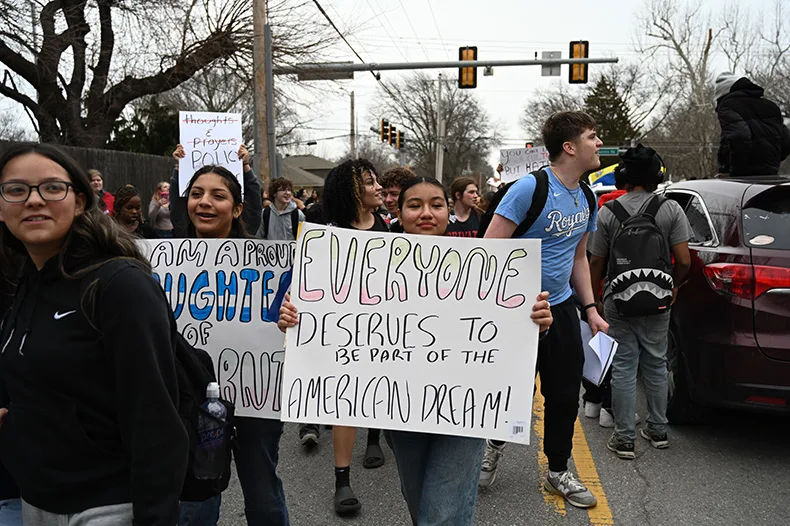 Shawnee Mission Northwest students protest ICE on Feb. 17 in a walkout. Photo credit Vivienne Wheeler/The Northwest Passage.