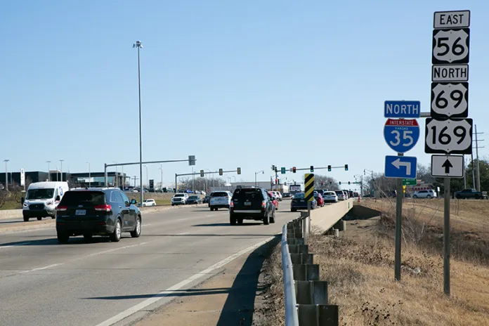 The city of Merriam is looking to turn Shawnee Mission Parkway at Interstate 35, above, into a diverging diamond interchange. This would put drivers on the left side of the road. Photo credit Juliana Garcia.