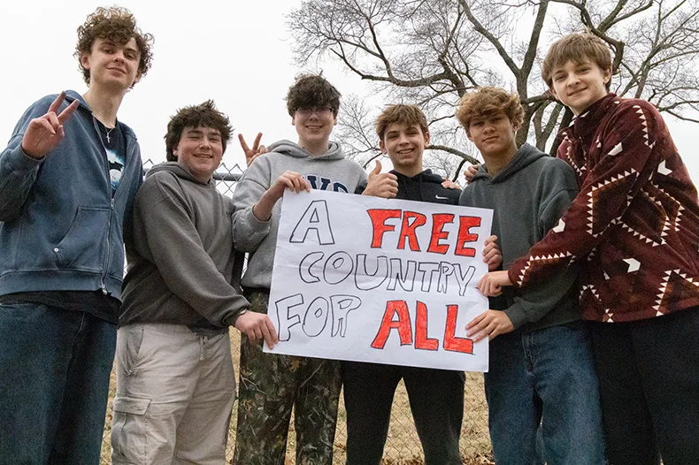 The organizers of the SM East anti-ICE walkout. From left to right: Alex Harden, Trip Hagman, Hudson Terreros, Porter Anderson, Elijah De La Cruz, Landon Goodin. Photo credit Lucie Krisman.