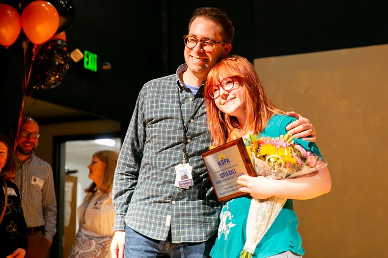 Sofia Ball, the Kansas High School Journalist of the Year, and her adviser Christopher Heady on Tuesday morning.