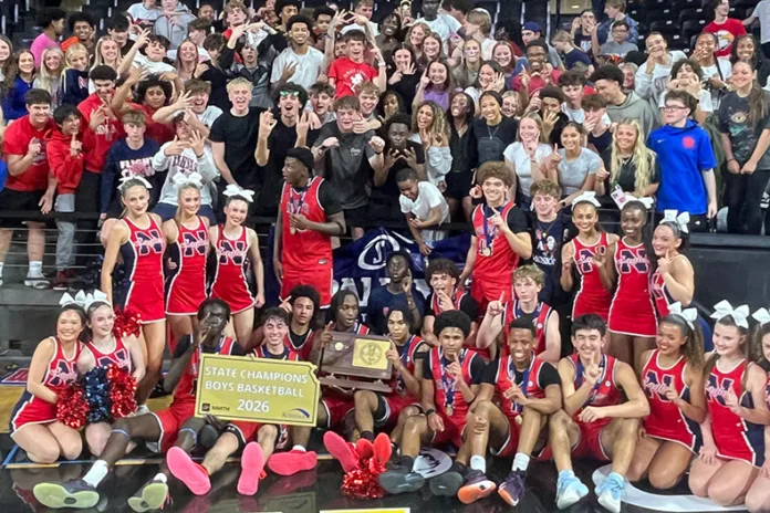 Olathe North boys basketball team after winning the Class 6A state championship in 2026. Photo via Athletic Director Josh Price X page.