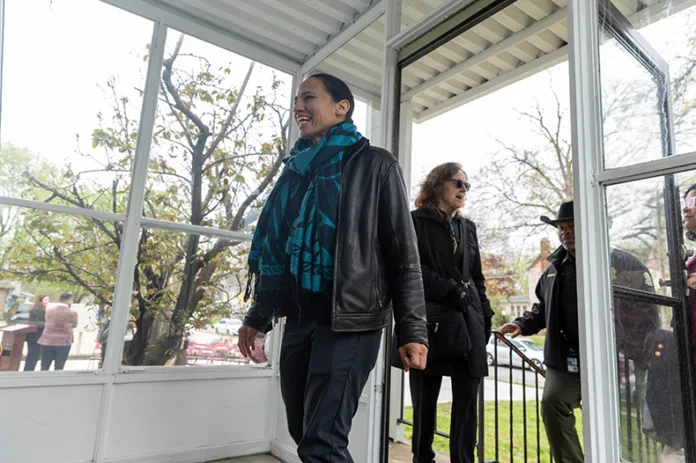 U.S. Rep. Sharice Davids tours a new rental unit at 510 Park St. in Olathe on Friday, April 10.
