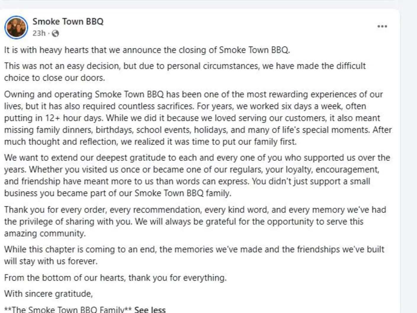 A screenshot of Smoke Town BBQ's closure announcement on Facebook.