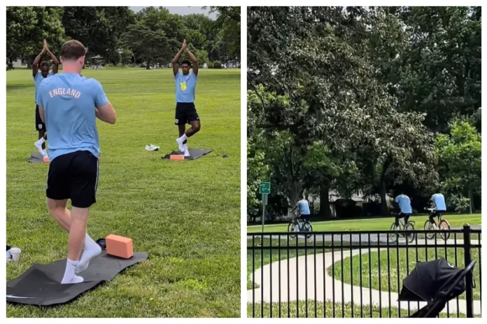 England players enjoy some yoga and bike ride in Meadowbrook Park
