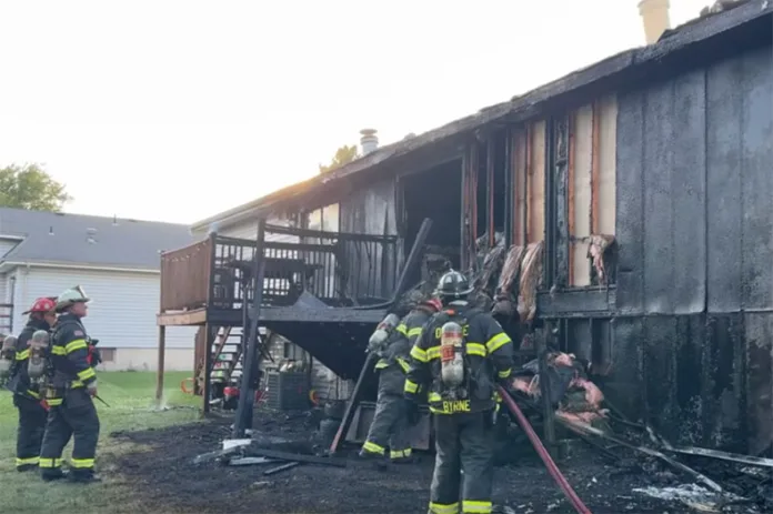 The back of a duplex badly damaged by fire on Sunday June 28, 2026. Screenshot image courtesy Olathe Fire Department.