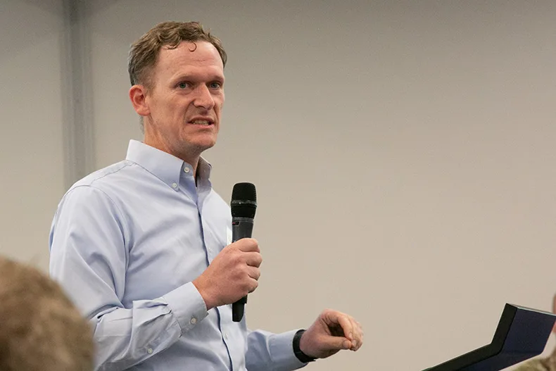 Geoff Henggeler, a civil works section chief with the Army Corps of Engineers, speaks to a crowd of about 80 at the Merriam Community Center regarding the Upper Turkey Creek project. Photo credit Juliana Garcia