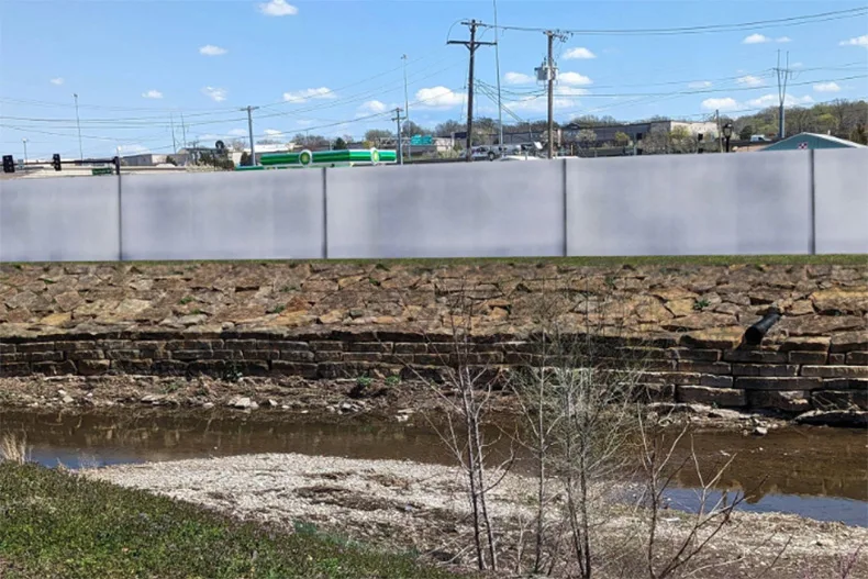 A rendering of floodwalls along Turkey Creek in Merriam along Merriam Drive, south of Johnson Drive. Image via Army Corps of Engineers documents.