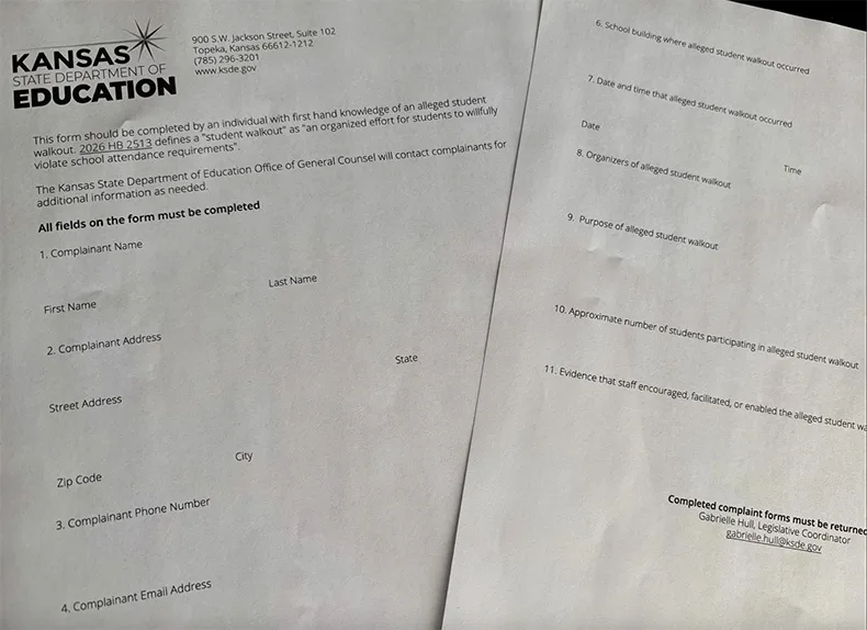 Kansas State Board of Education members are expected to vote in August on a complaint form that would invite people to report the names of students who organize walkout protests. It's part of a new law limiting the ability of students to conduct such protests.