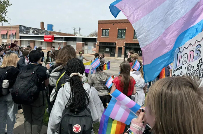Students at Wichita East High School participate in a walkout protesting anti-trans legislation in April 2024. A proposed complaint form would invite Kansans to report walkouts that they suspect violates a new law.
