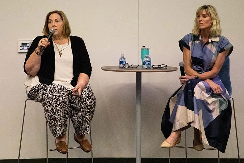 Hon. Karen Arnold Burger (left) of the Kansas Court of Appeals and Katie McClaflin, an Overland Park attorney who serves on the Kansas Supreme Court Nominating Commission, led a discussion about the judicial constitutional amendment on Tuesday.
