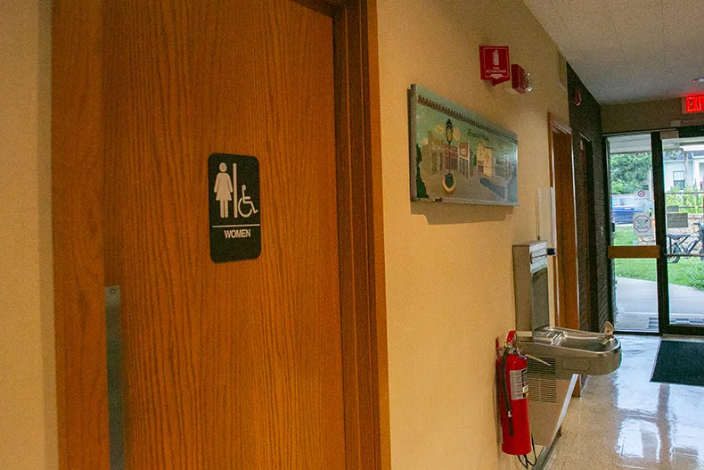 The city of Mission adopted an ordinance to comply with the state bathroom bill, but city officials are opposed to the bill itself. Above, bathrooms inside Mission City Hall. Photo credit Juliana Garcia.