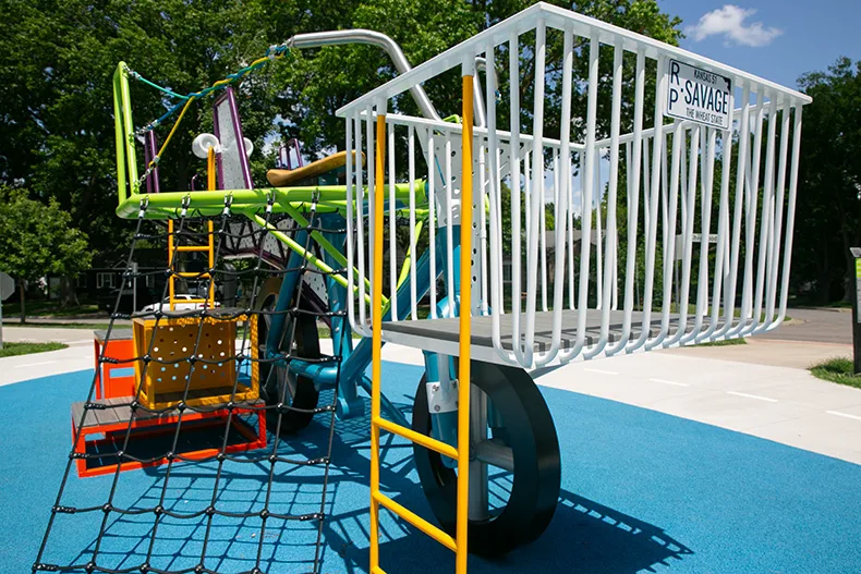 Kids ages 5 and over can climb on The Mighty Bike, which anchors the traffic garden at R Park. Photo credit Juliana Garcia.