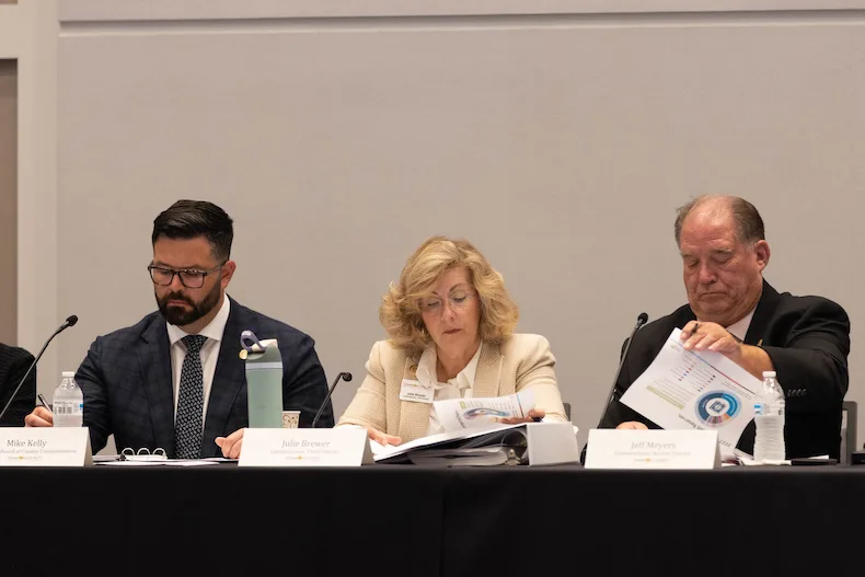 From left, Mike Kelly, Julie Brewer and Jeff Meyers review the Johnson County 2027 Budget and Revenue Neutral Rate.