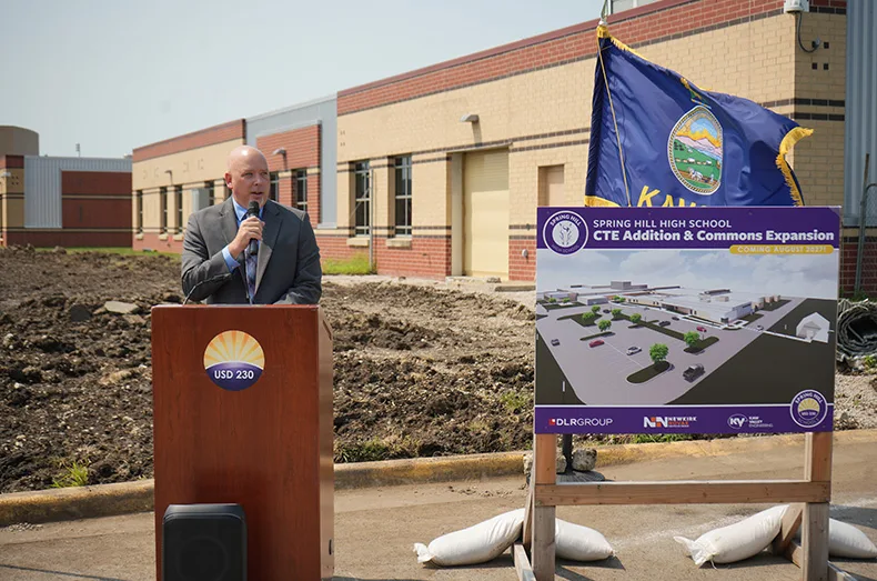 Spring Hill Assistant Superintendent Joshua Robinson talks about what the Career and Technical Education building expansion means for students in the district during the groundbreaking event Monday morning.