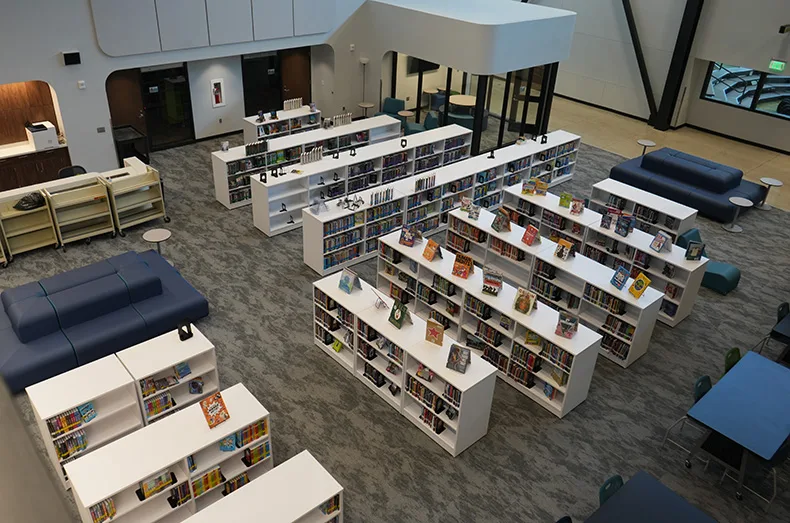 A view of the library from the second floor, in front of the 7th grade pod.