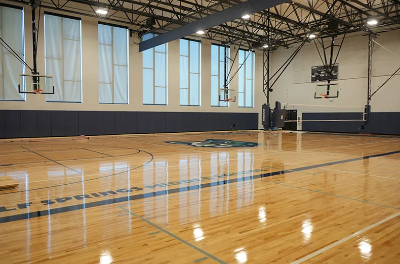 Wolf Spring’s main gym sits at the front of the building, immediately to the left after entering the building. It features large windows for natural light and plenty of space for student activities.