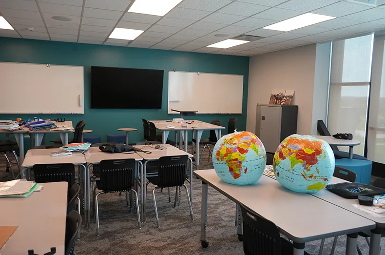 A teacher in the 7th grade pod has been setting up their classroom ahead of the school year.