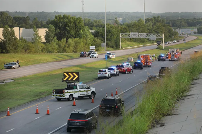 Emergency crews on the scene of a fatal wreck on northbound U.S. 69 Highway at 159th Street in Overland Park on Wednesday, Aug. 12, 2026. Photo credit Mike Frizzell.