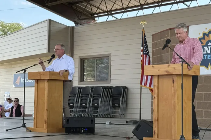 Democratic senate candidate Adam Hamilton (left) delivers his closing statement for why Kansans should elect him over incumbent Republican Roger Marshall.