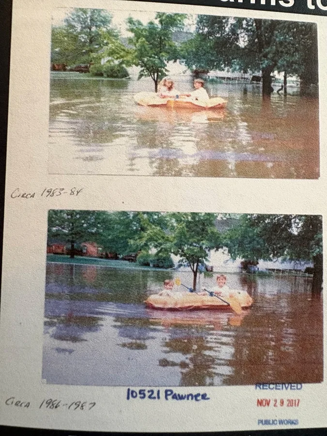Snapshots of children playing in rafts when 10521 Pawnee flooded.
