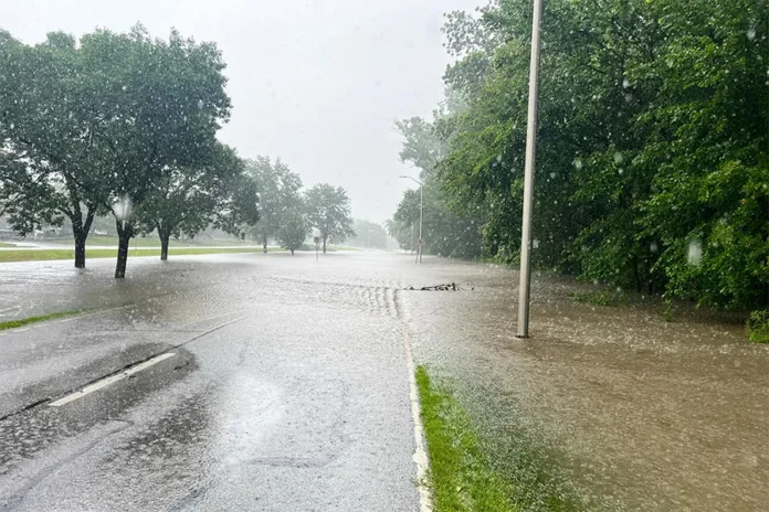 Leawood closed some roads during a flood in early July 2024, including parts of Tomahawk Creek Parkway (above) and 119th Street.