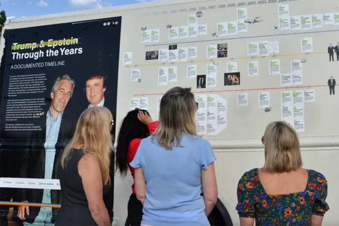 The outside of the Trump-Epstein Bookmobile shows a timeline of Trump, Epstein, and their relationship shown in documents from the Epstein files.