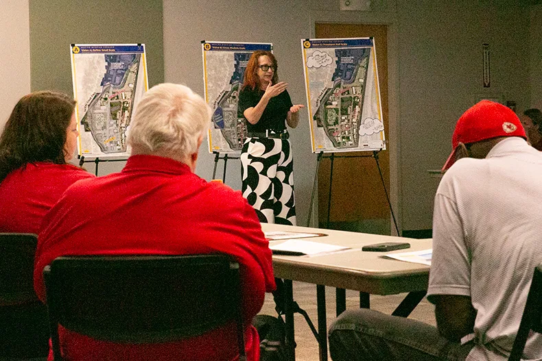 Sheila Shockey, founder and chief executive officer of Shockey Consulting, presents three ideas to the Merriam City Council and the Merriam Planning Commission during a joint session on Sept. 14. Photo credit Juliana Garcia.