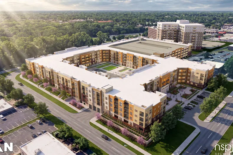 A rendering of the proposed Foxridge Apartments from the corner of Broadmoor Street and Foxridge Drive, near Metcalf Avenue. Image via city documents. 
