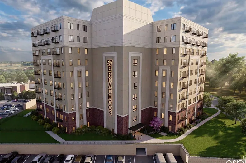 A rendering of the Broadmoor Tower, 5700 Broadmoor, as an apartment complex. Image via city documents. 