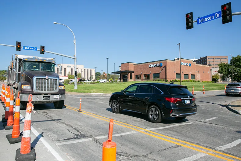 Johnson Drive's eastbound lanes are closed between Lamar Avenue and the Metcalf Avenue bridge. Above, the intersection at Barkley Street is closed to southbound traffic. Photo credit Juliana Garcia.