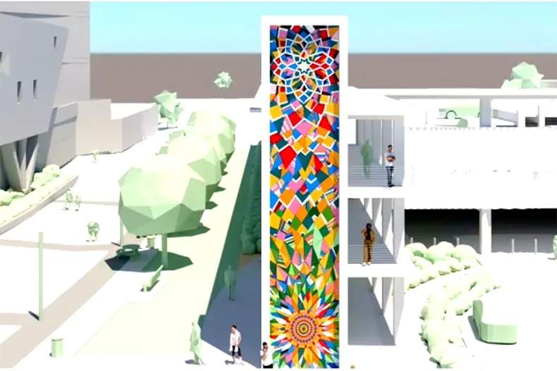 A rendering of "Ad Astra" by Jay Yan on the downtown Olathe parking garage. Image from city documents.