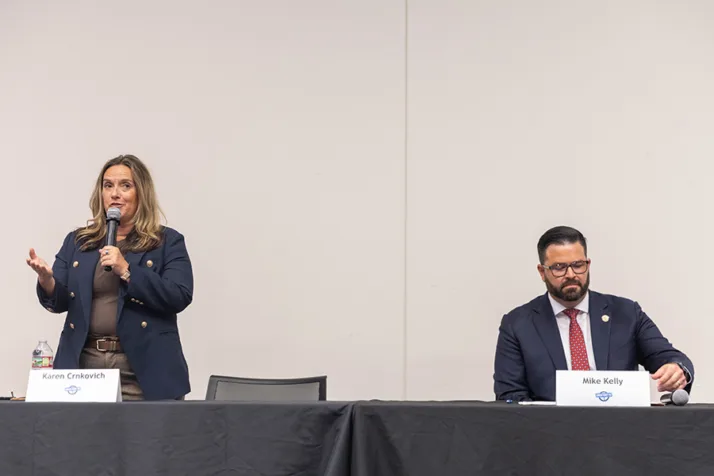 From left, challenger Karen Crnkovich and incumbent Mike Kelly are running for chair of the Johnson County Board of County Commissioners.