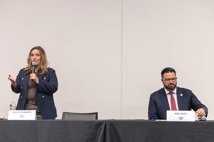 From left, challenger Karen Crnkovich and incumbent Mike Kelly are running for chair of the Johnson County Board of County Commissioners.