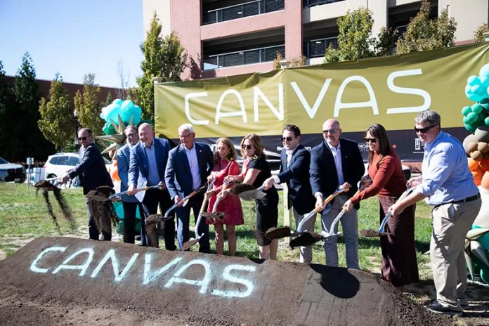 City officials, Hunt Midwest and the Overland Park Chamber of Commerce break ground on the Canvas mixed-use project in downtown Overland Park. Photo credit Kaylie McLaughlin.