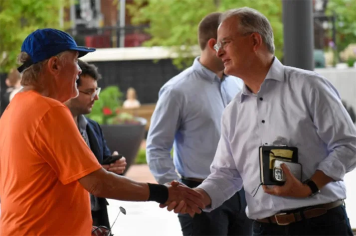 Adam Hamilton has tried to build his campaign on moderate positions and welcomed Trump voters. Photo credit Zach Perez/KCUR. 