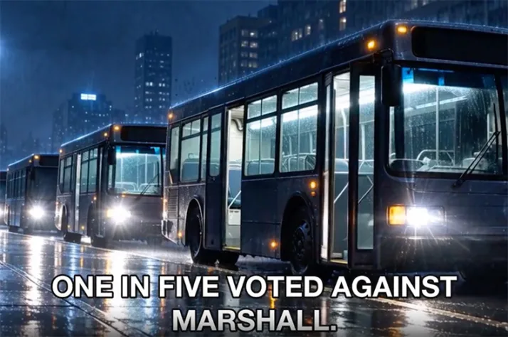 Another still image from what appears to be an AI-generated ad from StarkFreedom, criticizing Sen. Roger Marshall. Screenshot image via StarkFreedom PAC. 