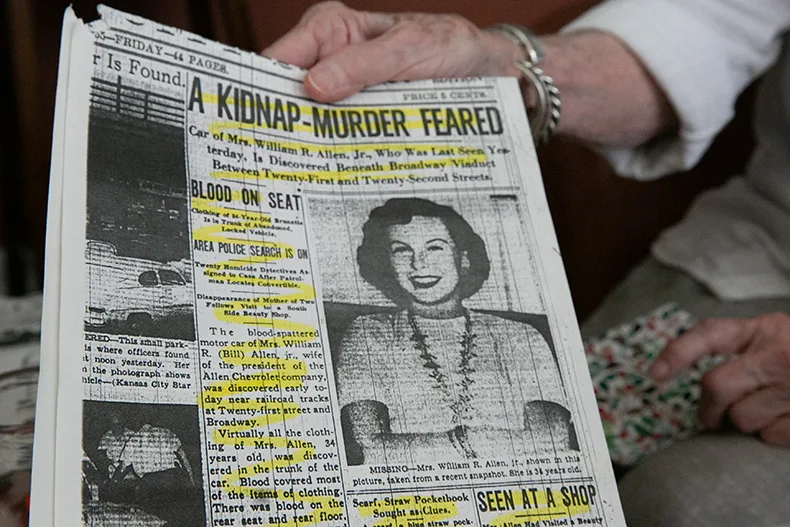Melinda Worth Popham holds a scanned copy of a 1955 newspaper detailing the abduction and murder of 34-year-old Wilma Allen. Photo credit Juliana Garcia.