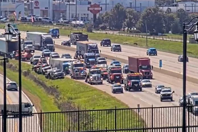 Northbound traffic on I-35 in Olathe backed up to beyond Santa Fe Street. Image via KC Scout.