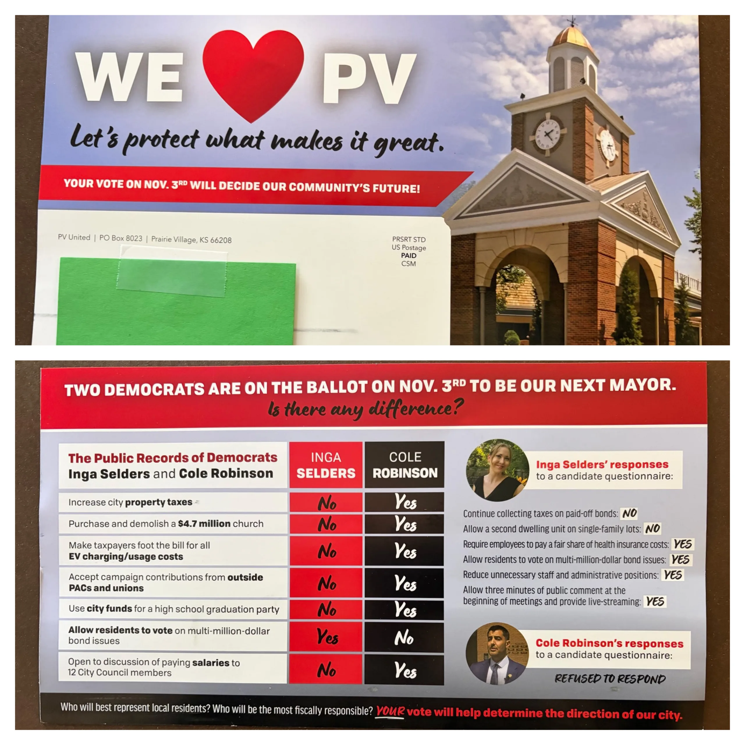 The PV United mailers that residents received over the weekend of Oct. 17. Photos courtesy Ian Graves.